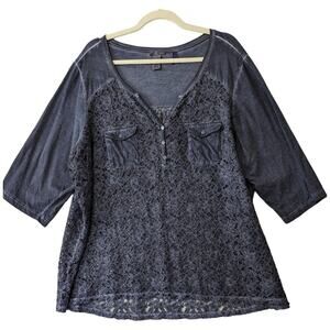 Catherines‎ Womens Lace Sheer Blue Burnout Grunge Short Sleeve Henley Top 2XWP